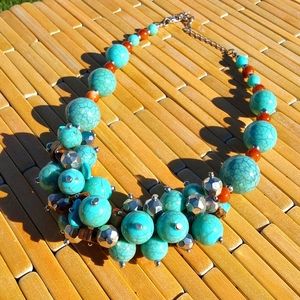 Chunky Turquoise Silver Brown Metallic Beaded Necklace Short Metal